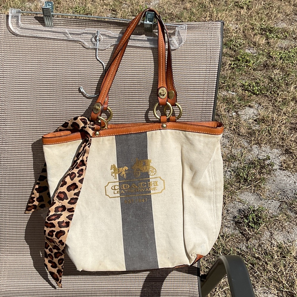 Coach beige with leather Trim Tote with Leopard Twilly